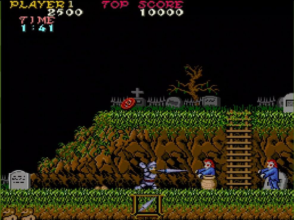 壺を持った敵を倒すと、武器または得点アイテムが出現する