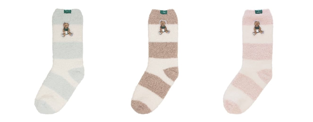 「gelato pique パウダーベア刺繍ボーダーソックス」 ミントグリーン / モカベージュ / ソフトピンク 各3,900円
