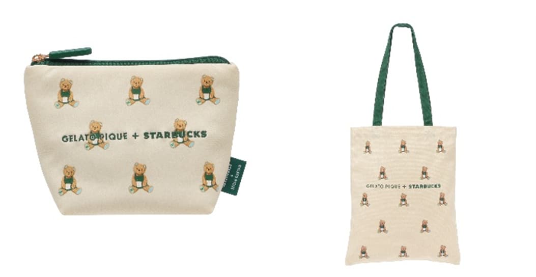 「gelato pique ベア柄ポーチ アイボリー」 4,800円、「gelato pique ベア柄トートバッグ アイボリー」4,500円