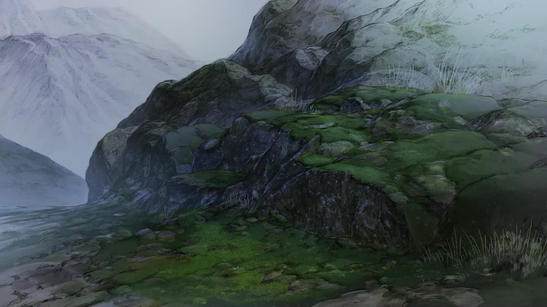 背景は全て鉛筆画でそれにデジタルで色を乗せる。背景は1,500カット以上あるそうだ