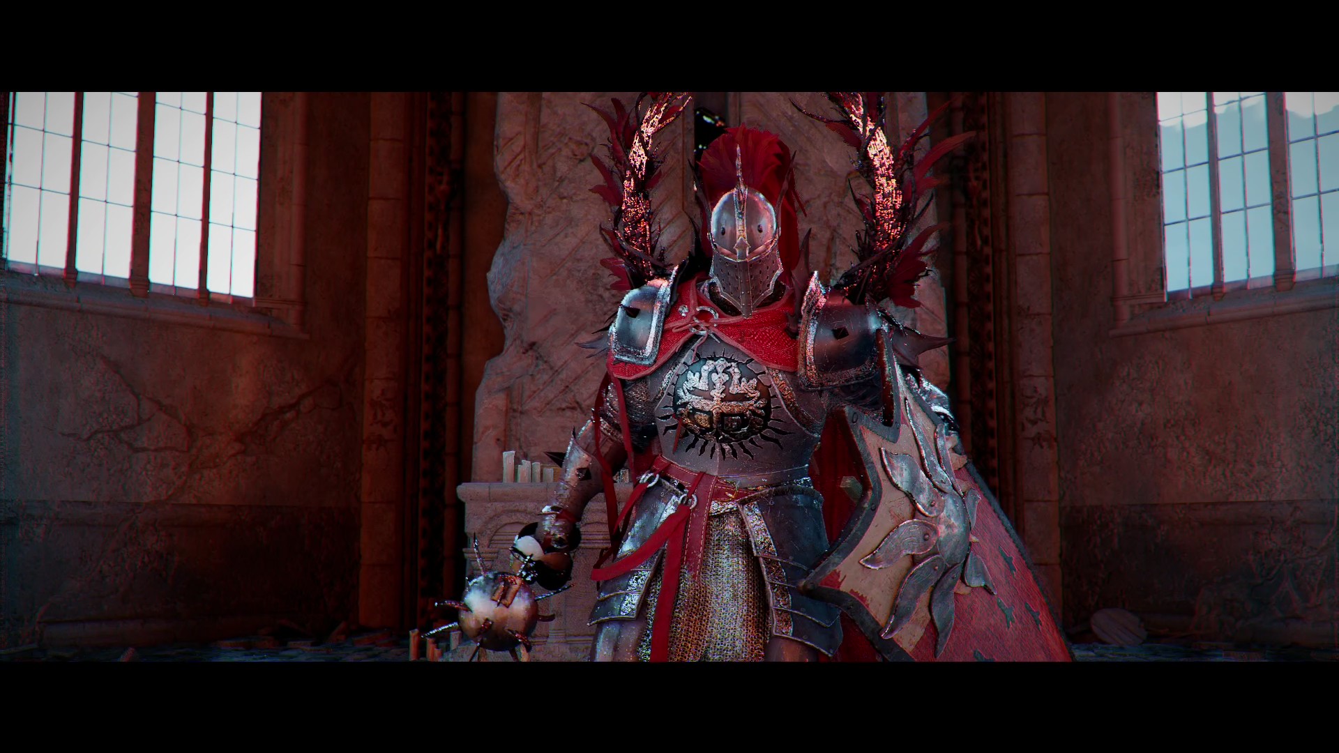 フレイルと盾を装備し、勇ましい甲冑をまとったカシウス・モーテン