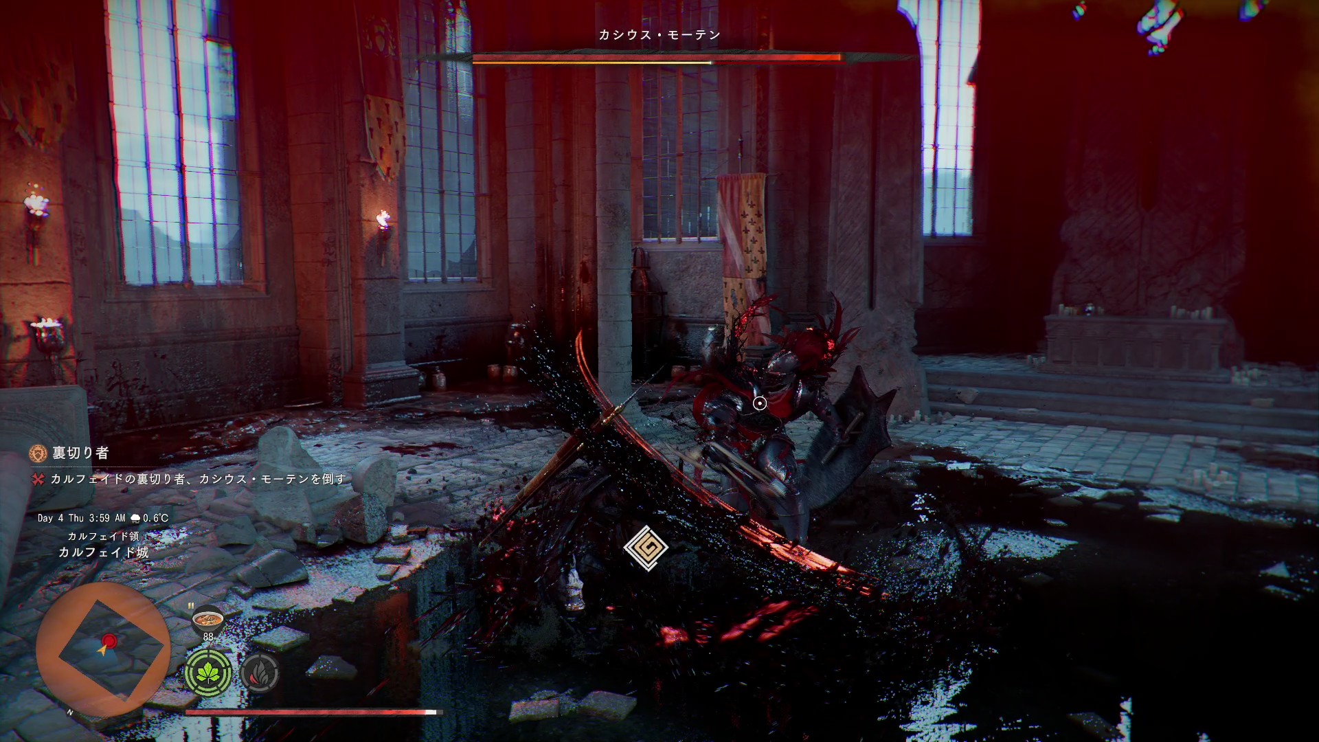 右手のフレイルを振り回す攻撃。素早く振ってくるため、回避やガードが間に合わずに被弾……