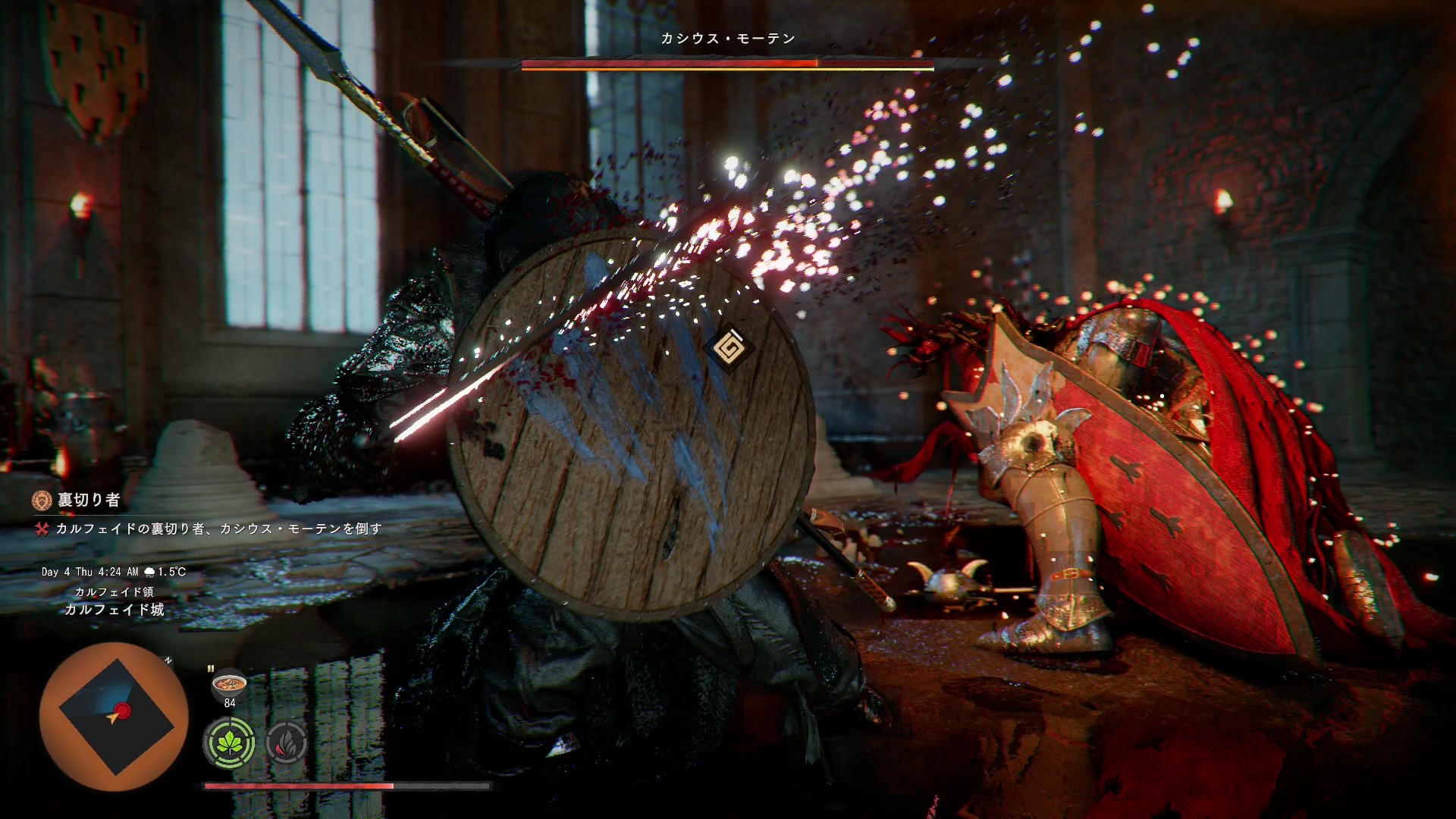 ダウン状態のカシウス・モーテンに近づいて特殊攻撃を発動。カメラアングルが変わったら発動成功だ