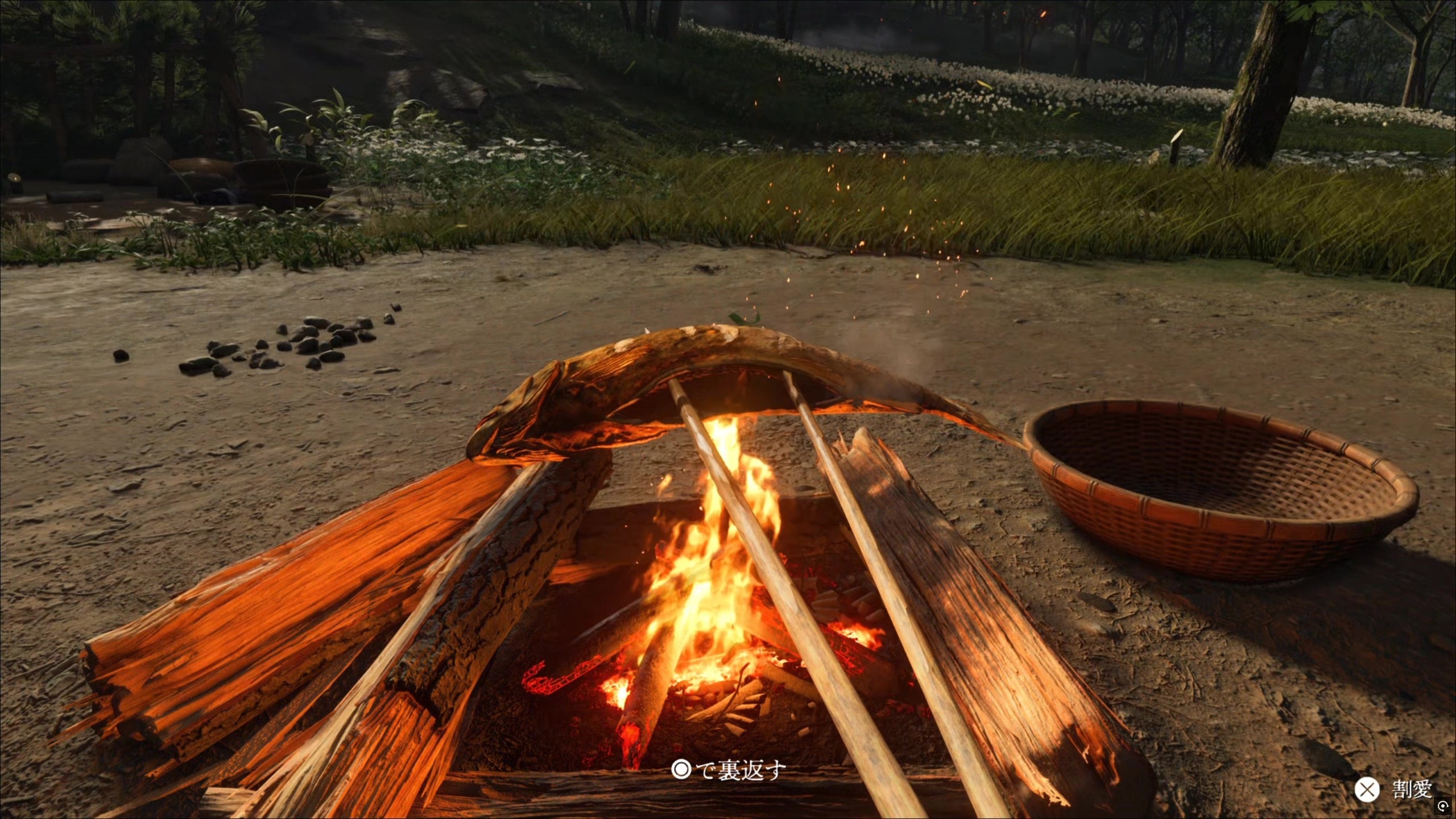 コントローラーを傾けて食べ物を焼く。美味しそう……