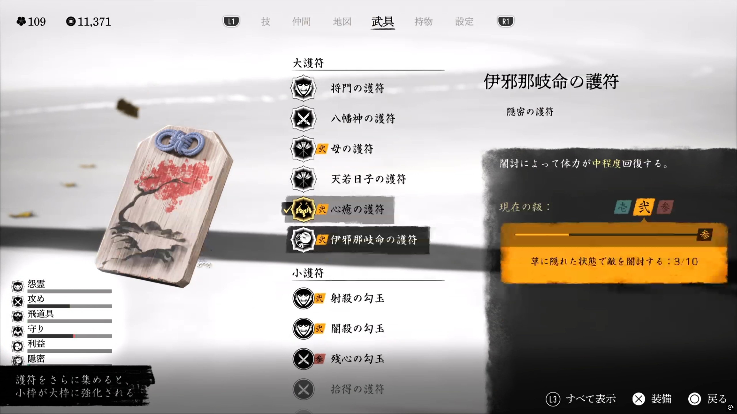 体力アップや火力アップなどが見込める「護符」を装備