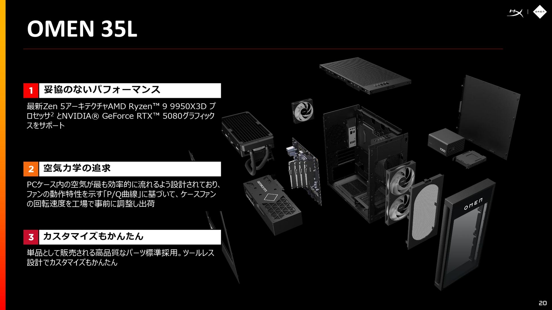 OMEN 35Lは、Ryzen 9 9950X3DとGeForce RTX 5080を搭載可能で、妥協のないパフォーマンスを実現。カスタマイズも簡単にできる