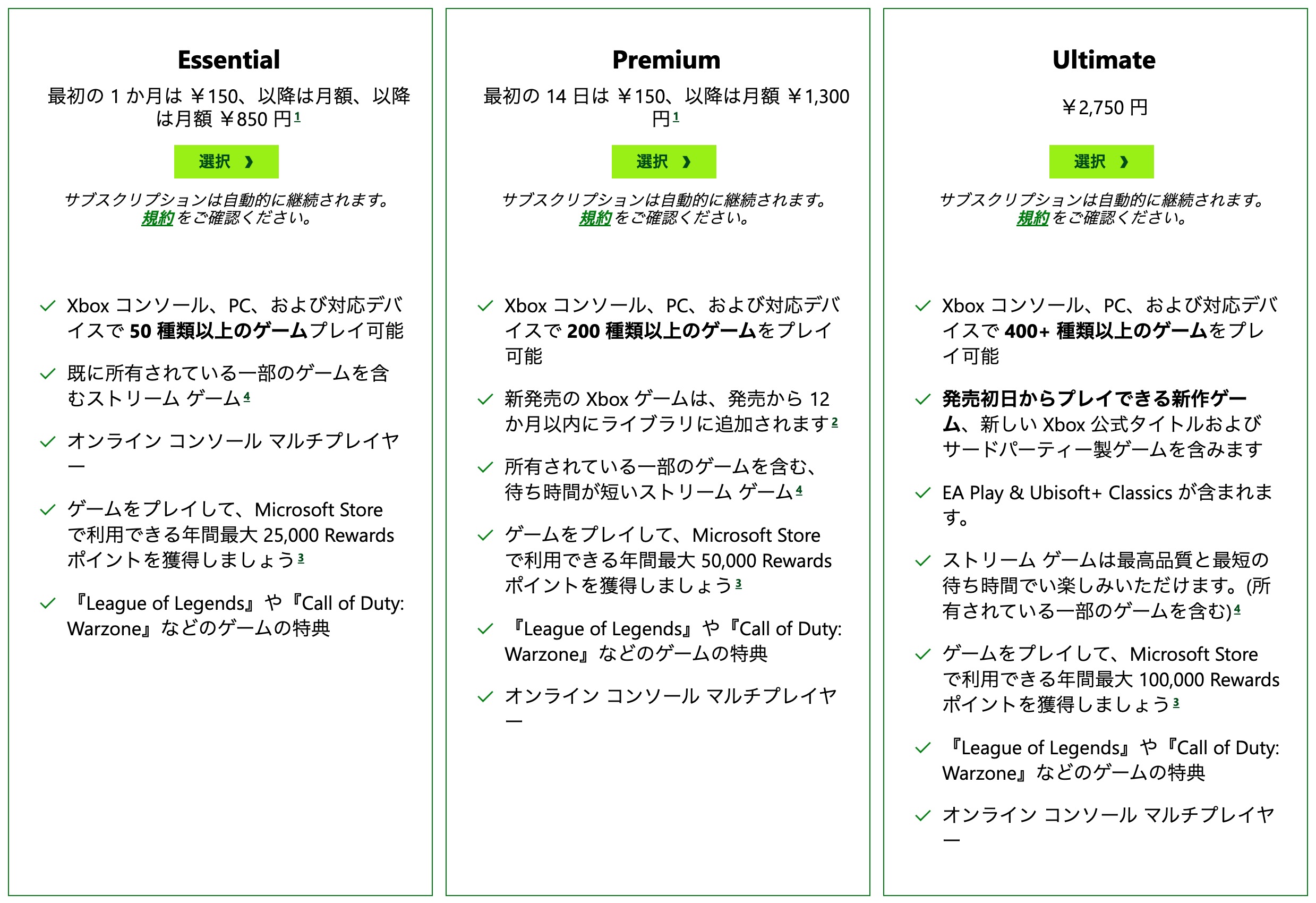 「Xbox Game Pass」各プラン