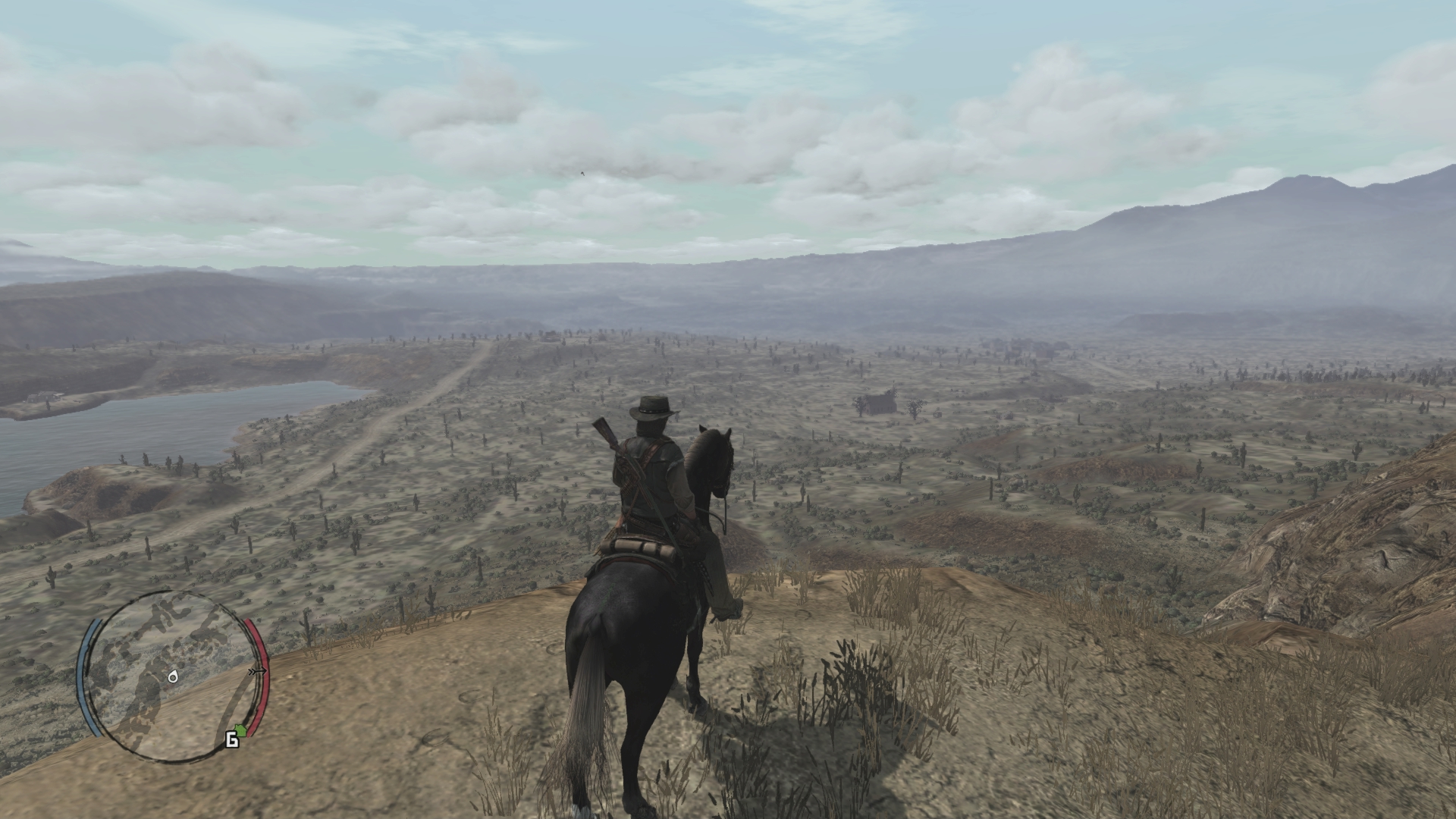 ゲームの最初の拠点となるマクファーレン農場からアルマジロの街へ向かう街道の高台からの眺め。最初に見たときは本当に感動し、今見てもグッとくる