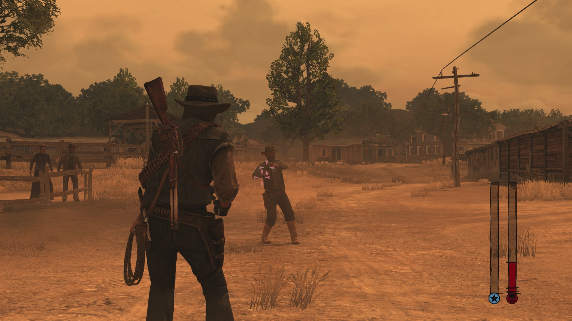 決闘時は強制的にデッドアイが発動。相手よりも遅く銃を抜くと有利になる仕組み