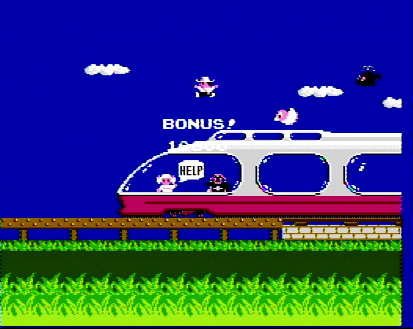 シーン1でBGMの一部にある踏切のような「カンカン」という音に合わせてAボタンかBボタンを4回連打するとクジラが出現し、ボーナス1万点＋チャレンジャーが無敵になる