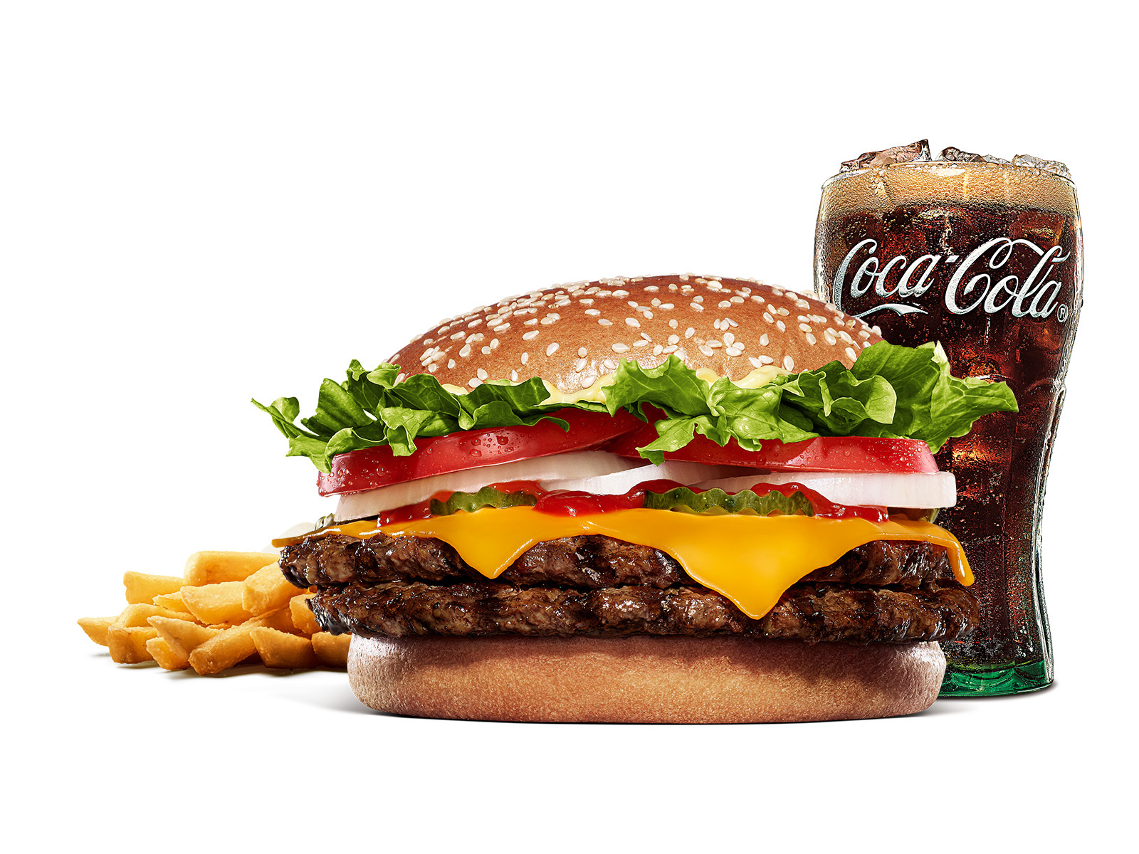 直火焼きの100%ビーフパティを2枚重ねたボリューム感のある「ダブルワッパー チーズ」のセット