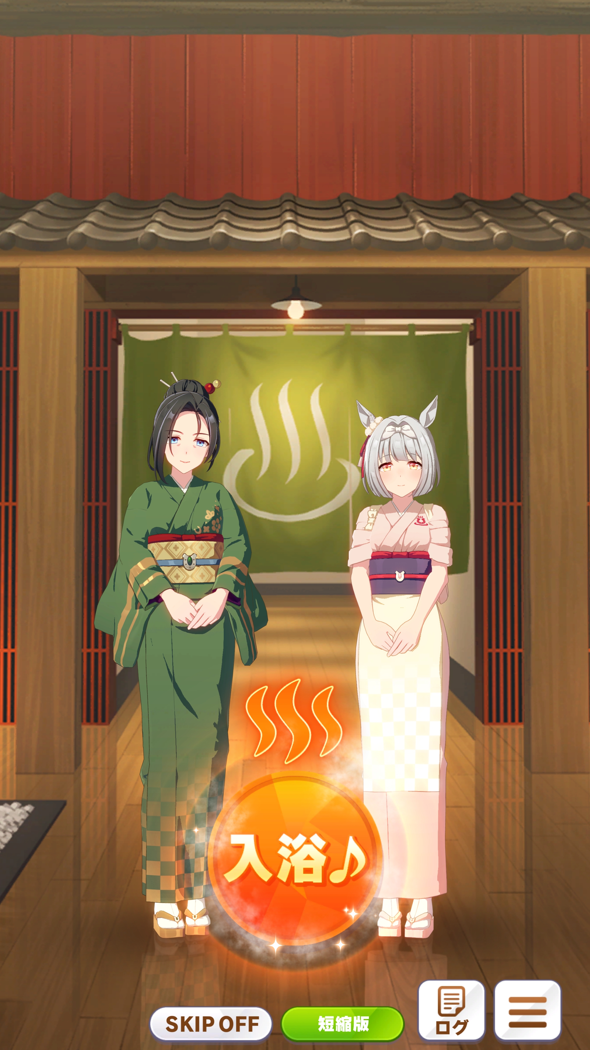 今回のキーキャラクター。左から、新たに登場する「ゆこま温泉郷」の女将、保科健子（ほしなきよこ、声優は高垣彩陽さん）、保科健子さんの後継者として修行中のトレセン学園出身ウマ娘のユノハナブルーム（声優は豊崎愛生さん）