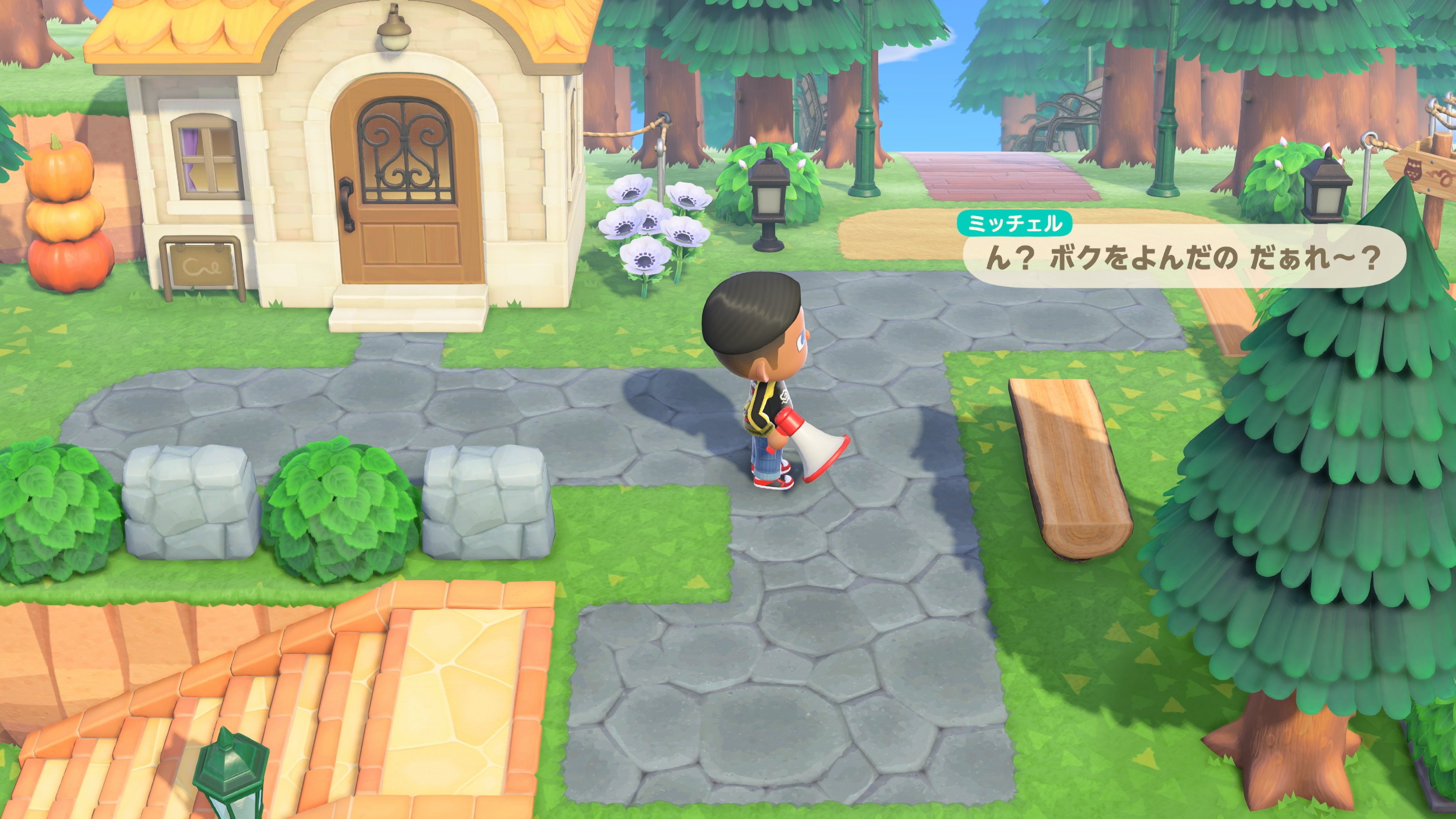 タヌキ商店の新アイテム「メガホン」で、住民の名前を呼ぶと返事をしてくれる。遠くにいても気付いて貰える便利アイテムとなっている