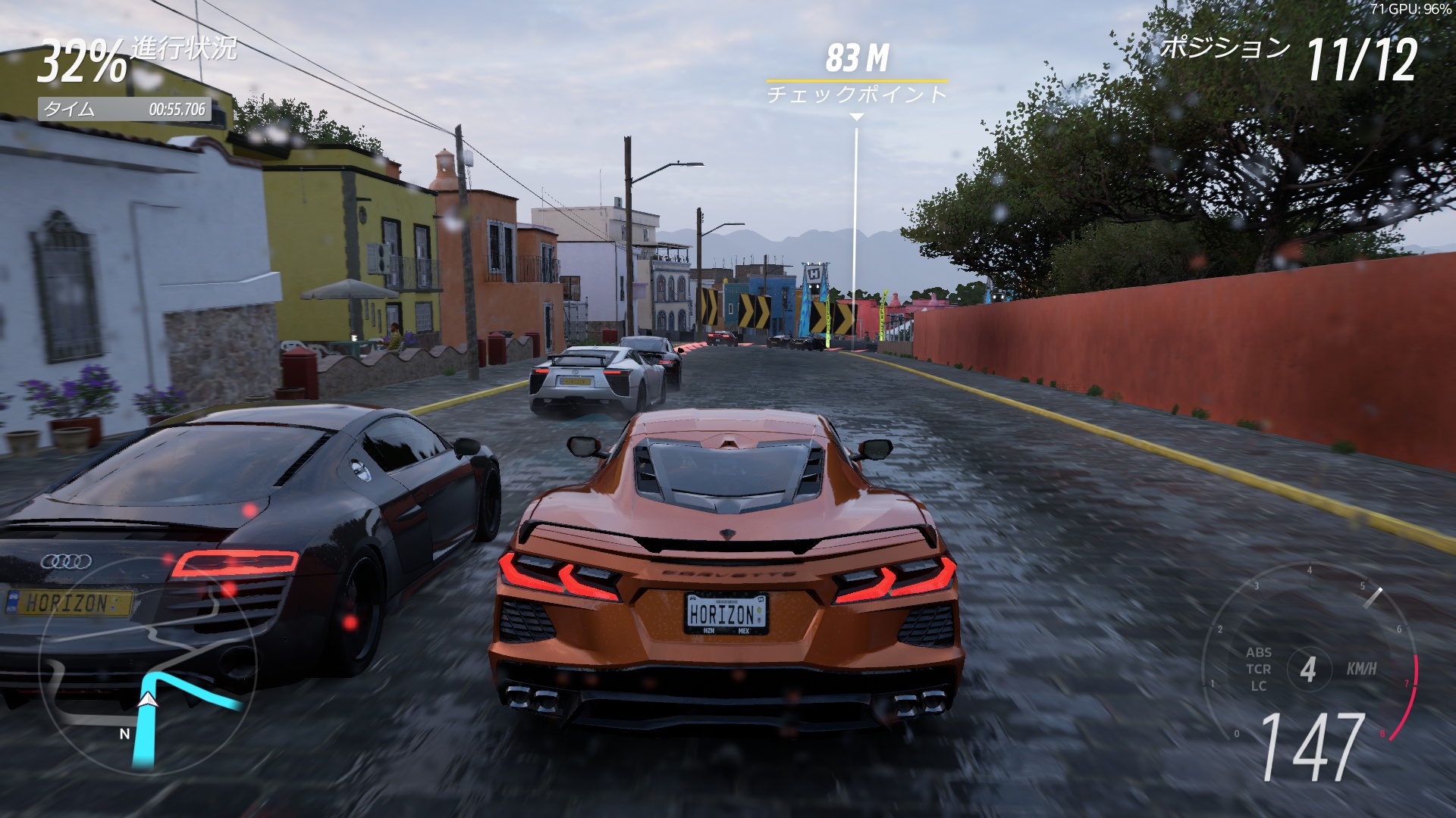 「Forza Horizon 5標準版」でも同様に4Kディスプレイの解像度でそのままテスト。車が勝手に走り回るベンチマークなので見ていても楽しい