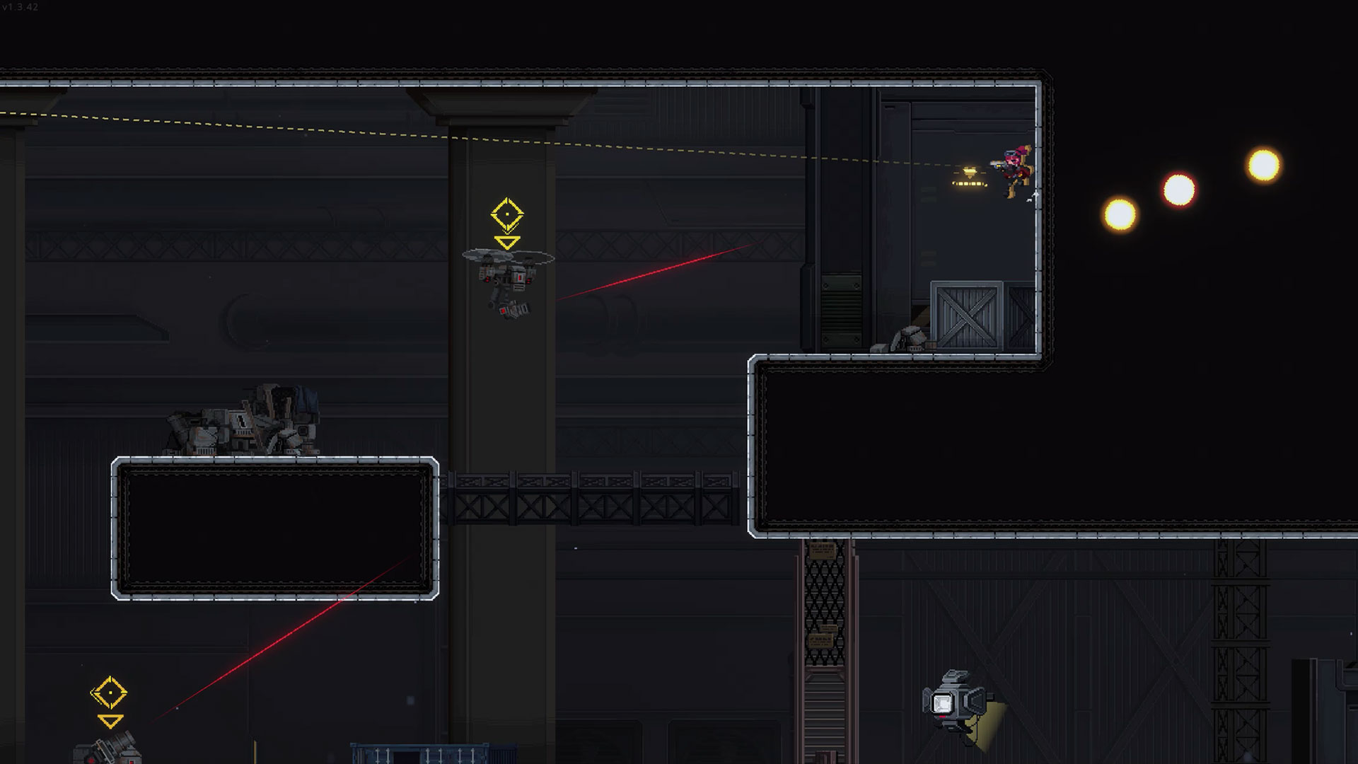 黄色く伸びている点線がショットガンの射線だ