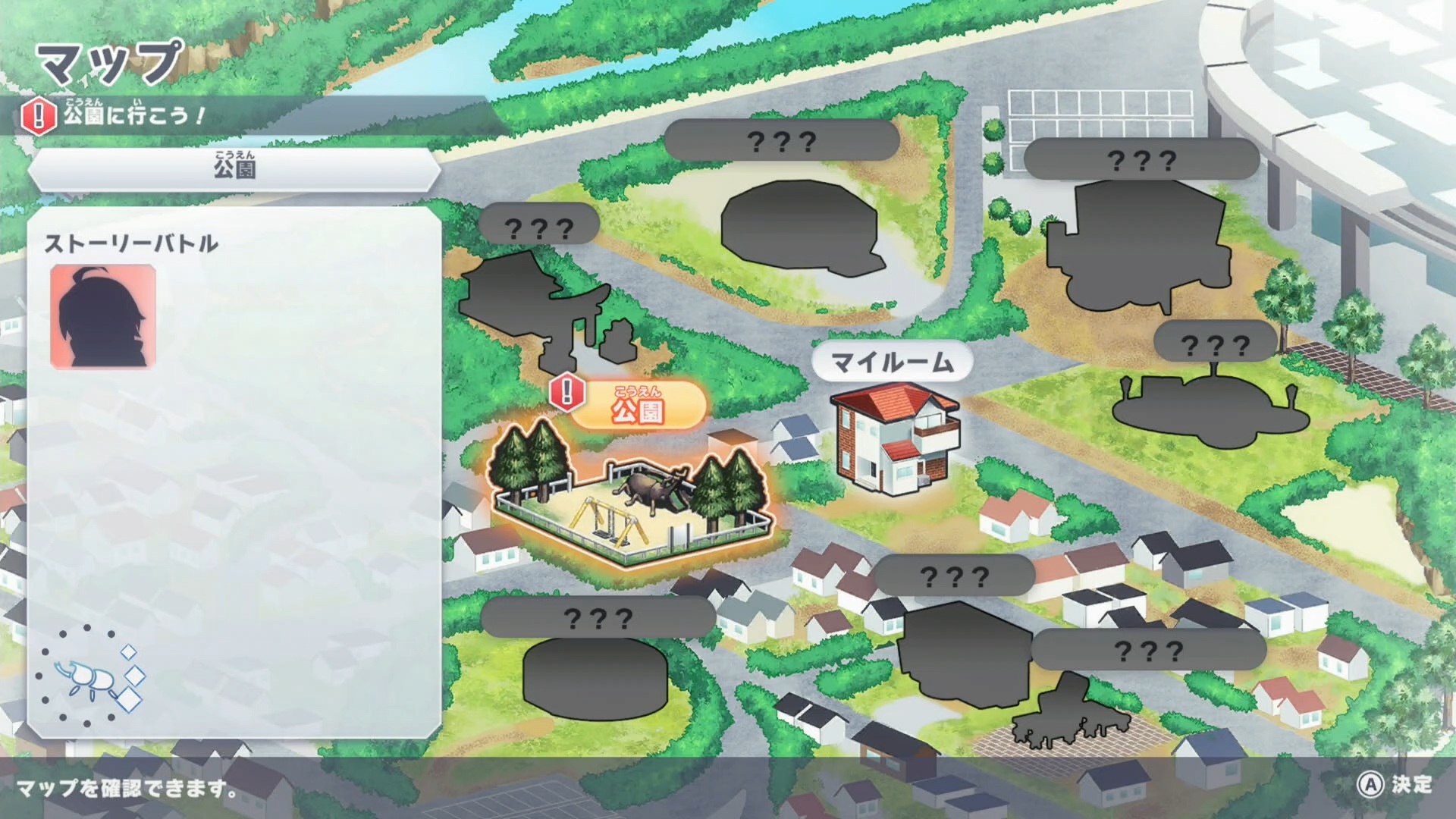 最初に表示されるマップ。多くのエリアがグレーアウトされているが、ストーリーの各章をクリアする毎に行けるエリアが一つずつ開放されていく。最初に行けるエリアは「公園」だ