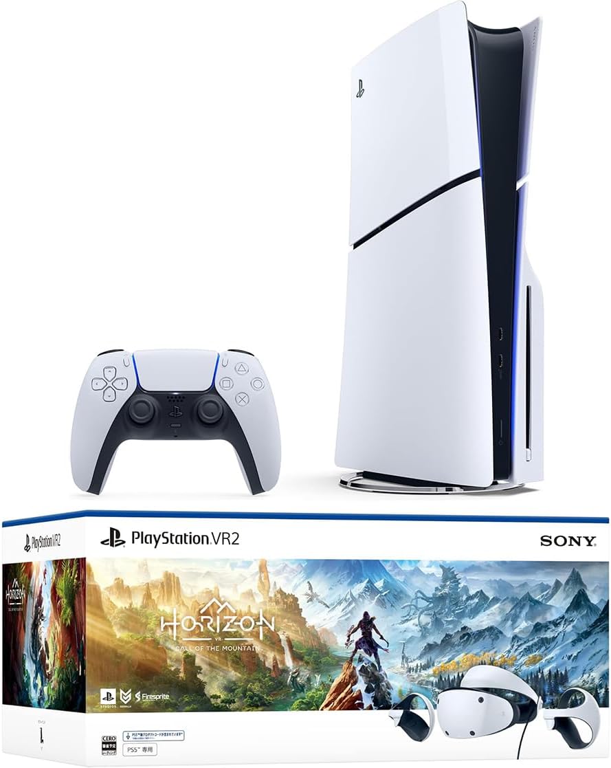 小型化を実現した新モデルのPS5（model group - slim）（CFI-2000A01）と「PlayStation VR2 “Horizon Call of the Mountain” 同梱版」（CFIJ-17001）とのセット。Amazon限定特典「オリジナルトートバッグ」が付いている