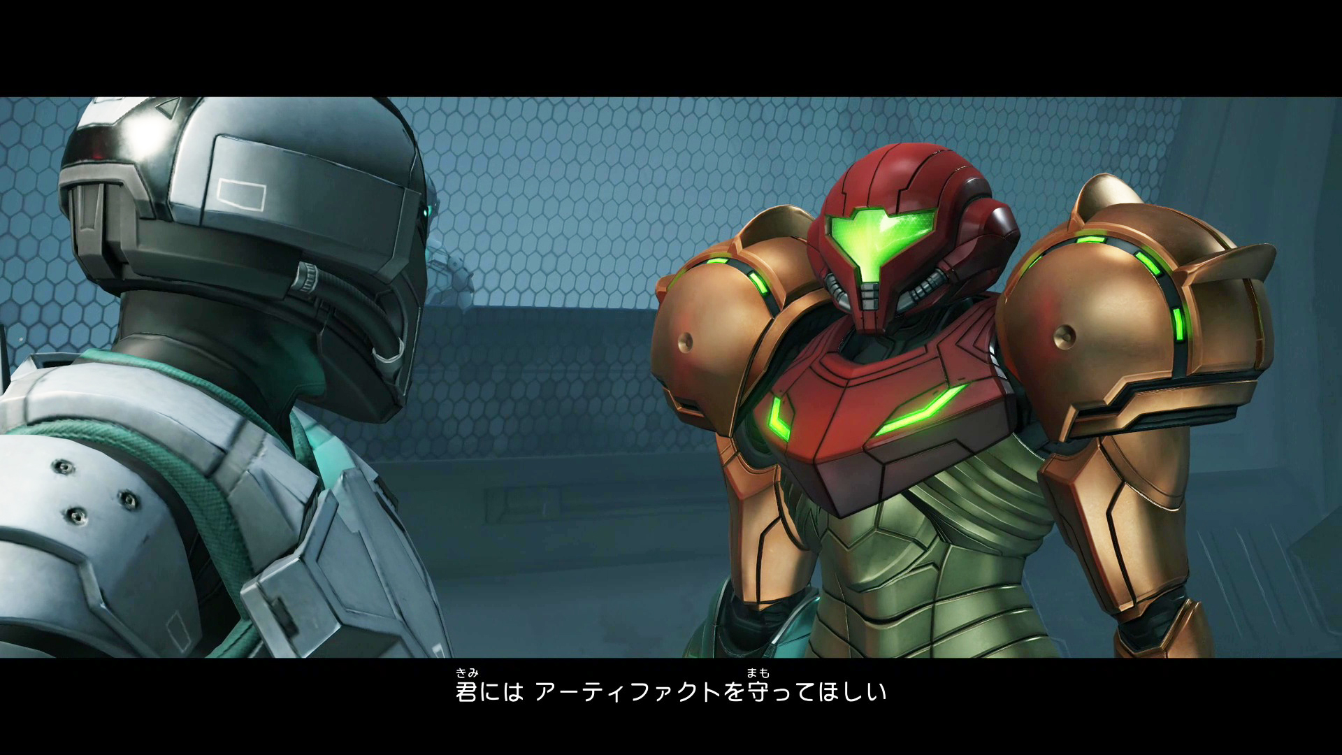 UTO研究所に駆けつけたサムス。銀河連邦兵士からの信頼も厚い