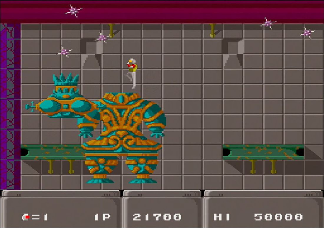 ステージ4のボス戦より。追い込まれた場合は、ジャンプ後にボスの首元に着地すればミスにならずピンチを回避できる