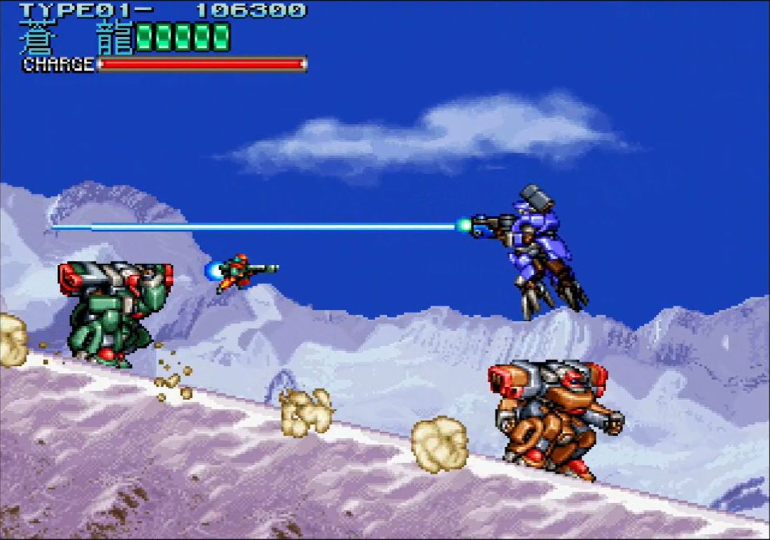 ボタンは連打不要。押しっぱなしでショットを存分に撃ちまくれる（写真はレーザーを装備したところ）