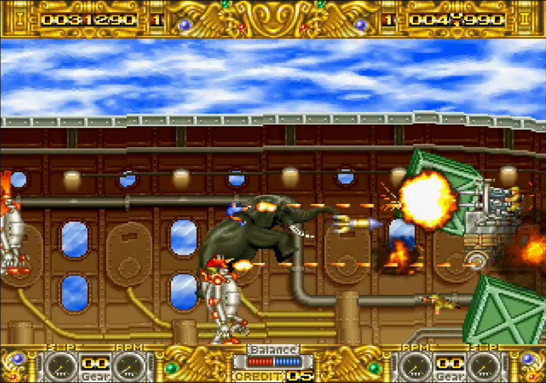 二足歩行ロボットとゾウに乗って戦っているところ。美しさとシュールさが絶妙にマッチした（？）、本作独特の世界観も必見！