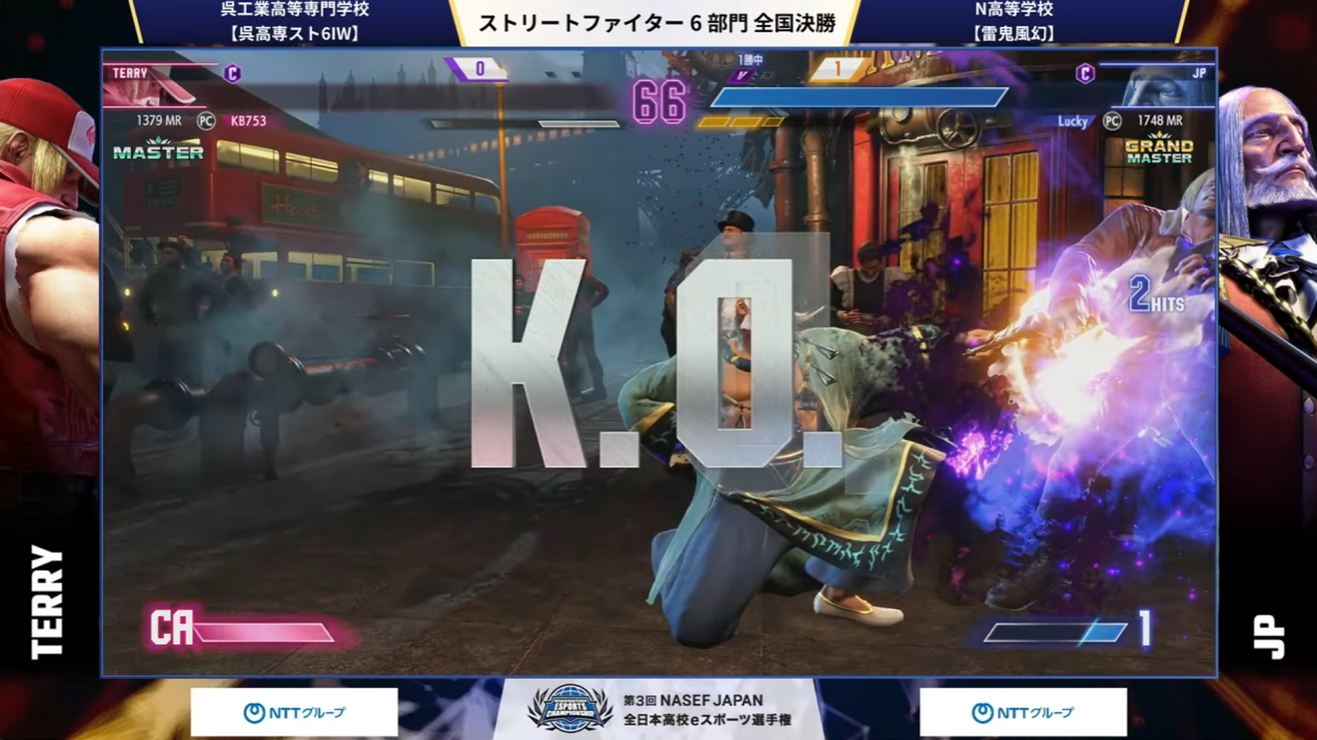 中堅戦は呉工業高等専門学校がテリー(クラシック)を使うKB753選手(MASTER)、N高等学校がJP(クラシック)のLucky選手(GRAND MASTER)による1戦で、ここはLucky選手が2-0で勝利となった