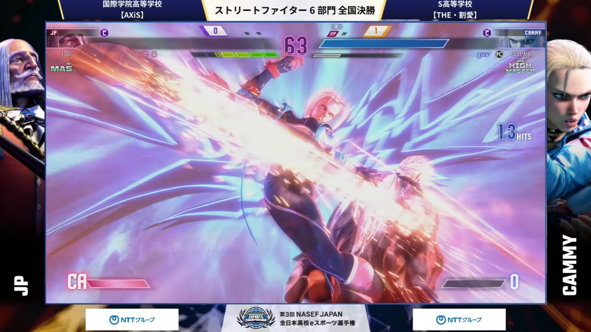 先鋒戦は国際学院高等学校のJP(クラシック)使い、魔法少女三十路マジカ 凪選手(MASTER)と、S高等学校のキャミィ(クラシック)使いのgura選手(HIGH MASTER)の1戦で、ここはgura選手の動きが見事で2-0で先鋒戦を勝利。解説の立川氏はLegendクラスの実力があるとコメントしていた