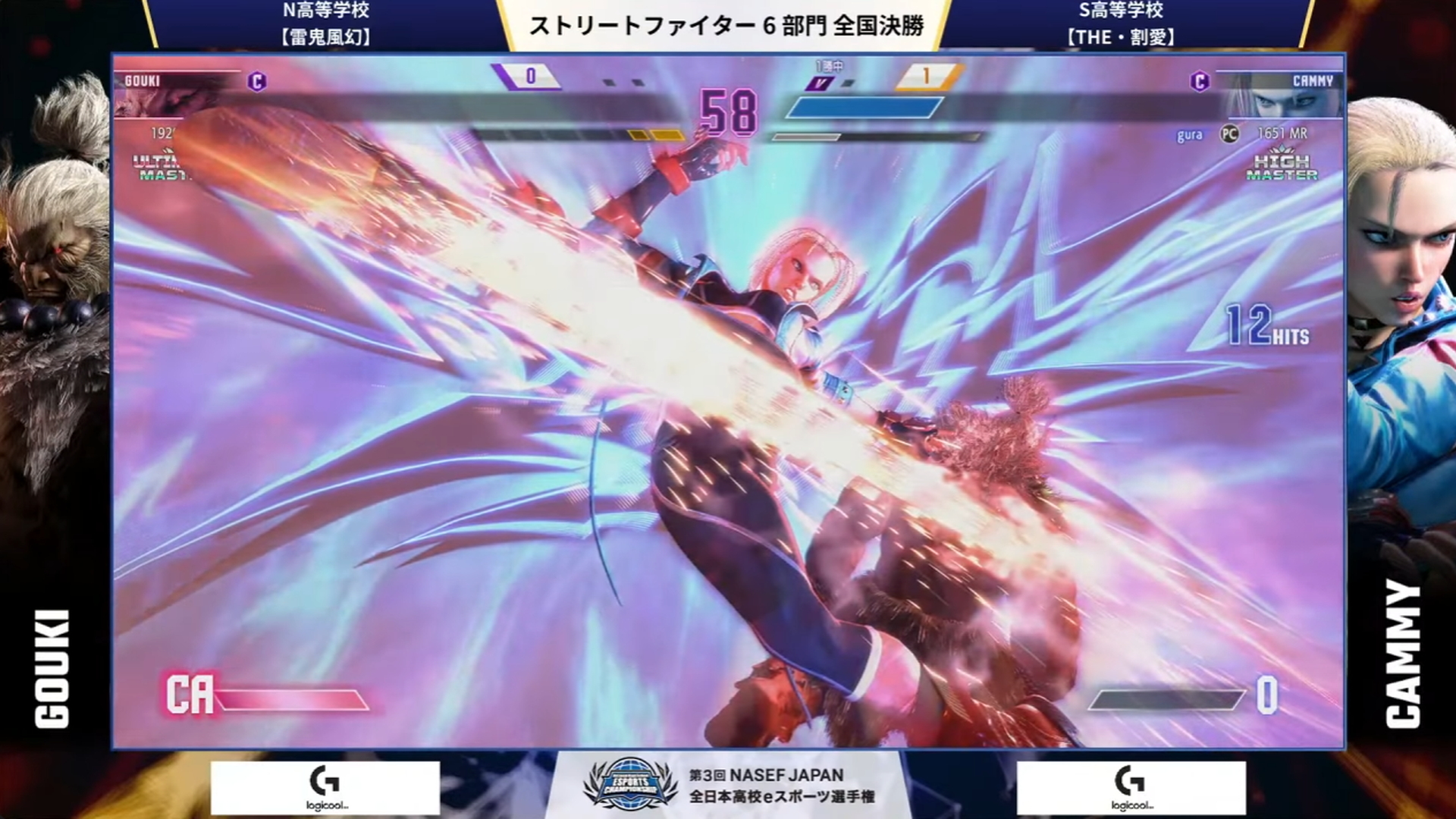 先鋒戦はN高等学校の豪鬼(クラシック)使いのゆーり.選手とS高等学校のキャミィ(クラシック)使いのgura選手(HIGH MASTER)の1戦で、ここはgura選手が2-0で先鋒戦を勝利