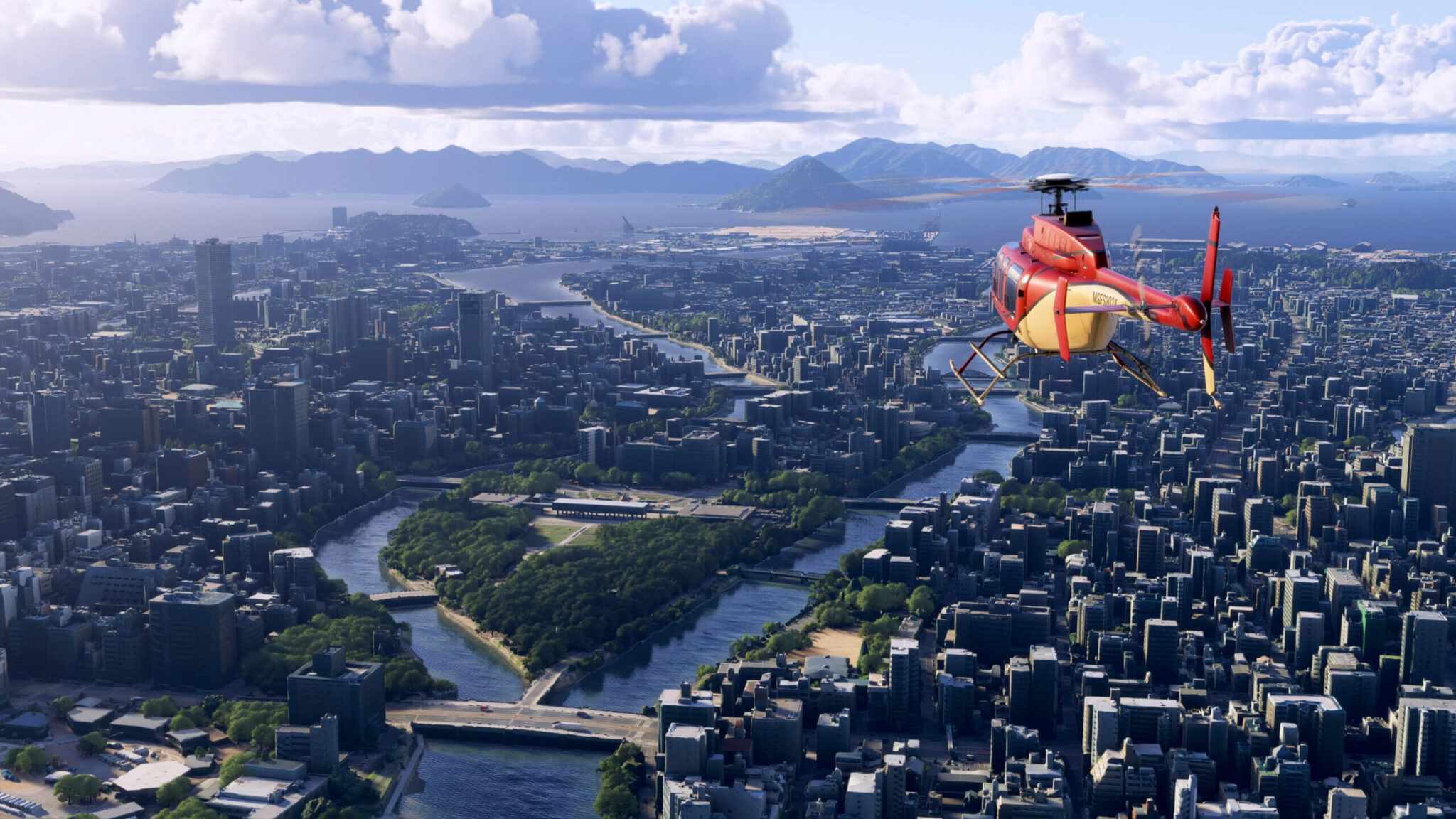 2025年9月に配信された「World Update 20:日本」。最新のフォトグラメトリと地形テクスチャを用いることで、日本各地（全23カ所）がよりリアルに表現されるようになった。画像は広島の様子