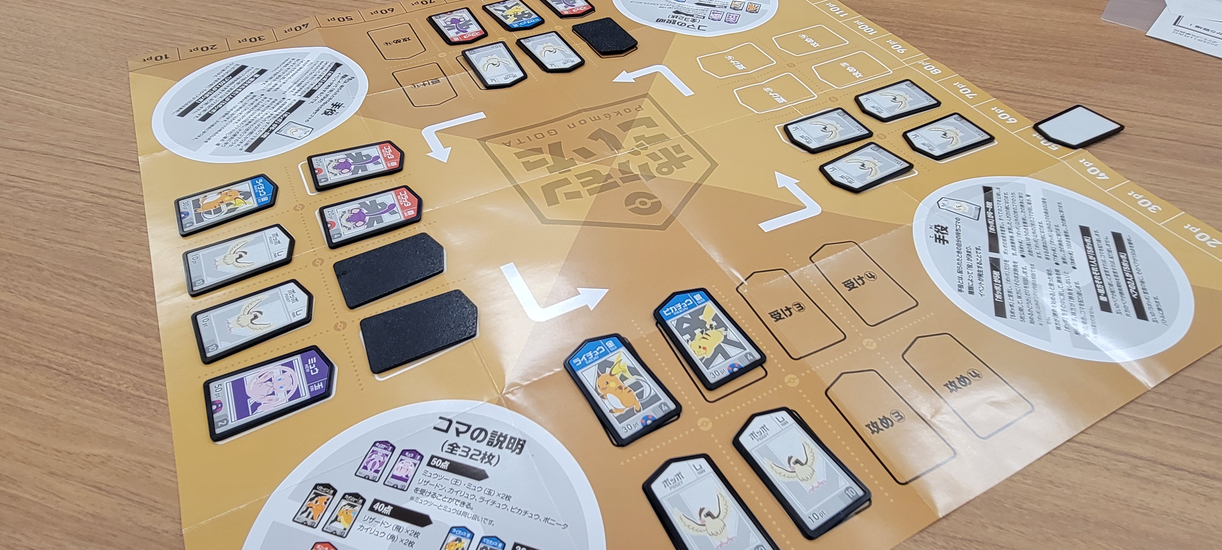 こちらはルール覚えたての初回のゲーム盤面。全員が何となく「一番多いコマだしポッポから出すか……」といった思考でゲームをしていたところ、当然あらゆるプレイヤーが簡単に「受け」ができてしまうので思うようにコマが繰り出せなくなった状態である。その上で最終的に盤面の全てに「ポッポ」が出尽くした状態で「ポッポ」による「攻め」を開始したプレイヤーが勝利したので、ゲームの序盤では最も数が多くて受けられやすいポッポが、ゲームの終盤に最も受けにくいコマになりうることに気づけたゲームでもあった