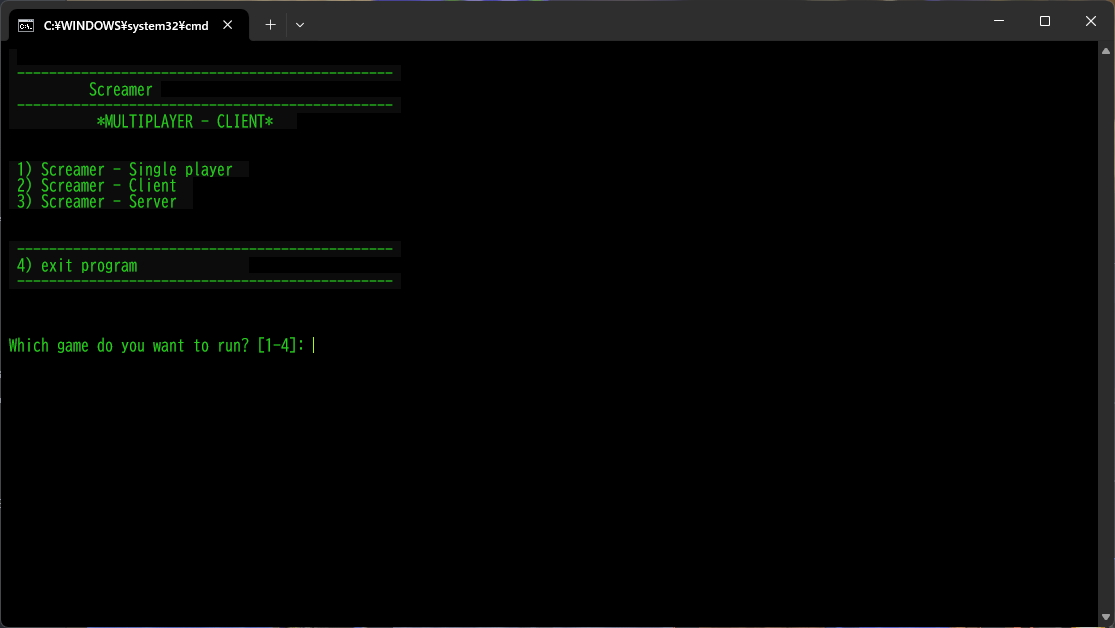 Steamで購入できる「Screamer」のオリジナル版は起動すると、DOSウィンドウが立ち上がり、ゲームモードが選択できる。ここで「Single player」を選択すれば通常のゲームが起動する。調べた限りでは、オンラインモードもローカルエリアネットワーク内なら今でもプレイできるようだ