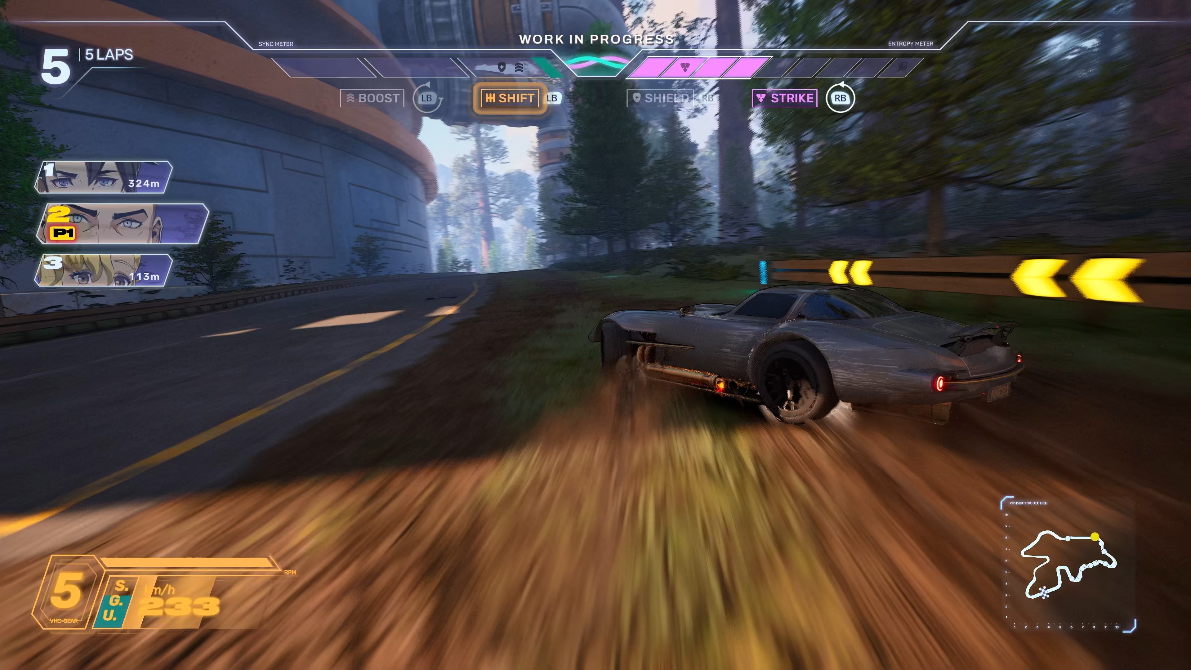 疾走感のあるドリフトが「ツインスティック」システムで簡単に出せるようになっている。キャラクターの顔情報が左端に表示されるのもユニーク