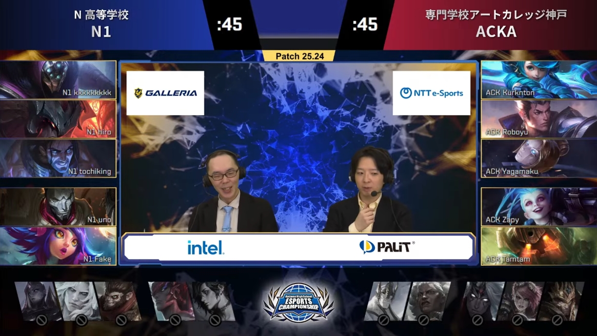 トップのケーナイン選手を活かしたい「N1」はキャリー力の高い「ジャックス」をピック。「ACKA」はジャングルで「ダリウス」をピック。Roboyu選手が試合を動かすのが狙いだ