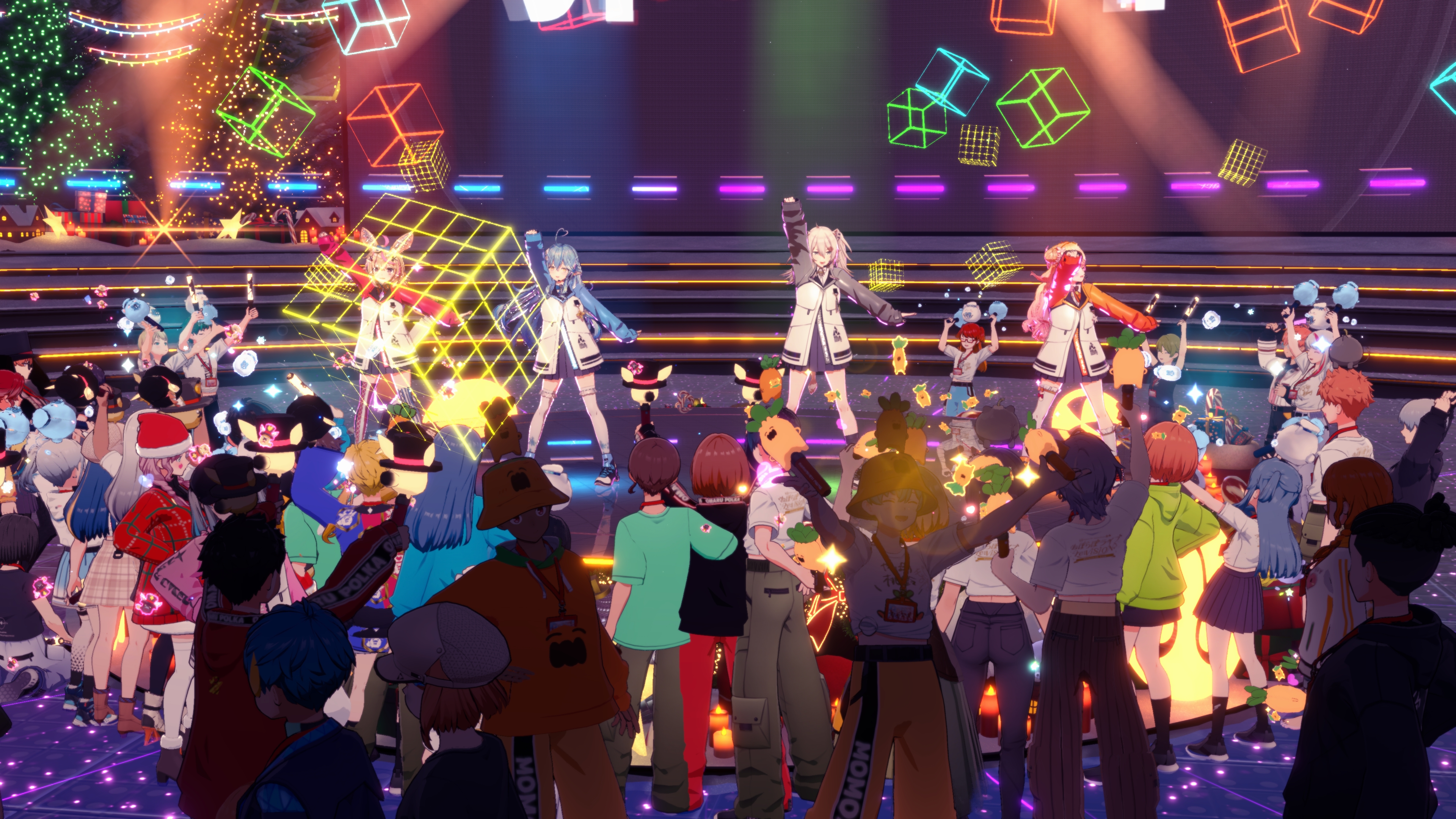 他の参加者の表示をONにすると、他プレーヤーの衣装やサイリウム、アクションなどが見えるようになるため、一体感＆ライブ感がより強く味わえる