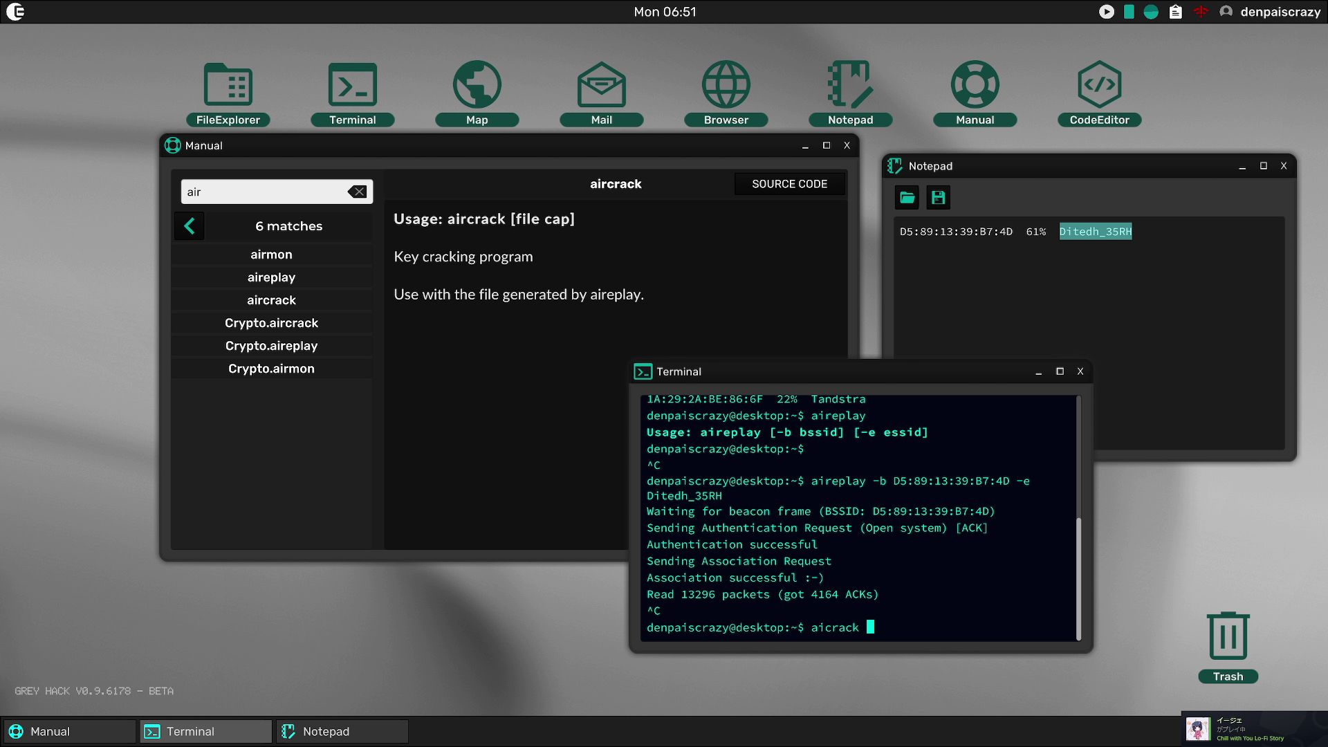 Wi-Fiのアクセスポイントのパスワードを解析している様子