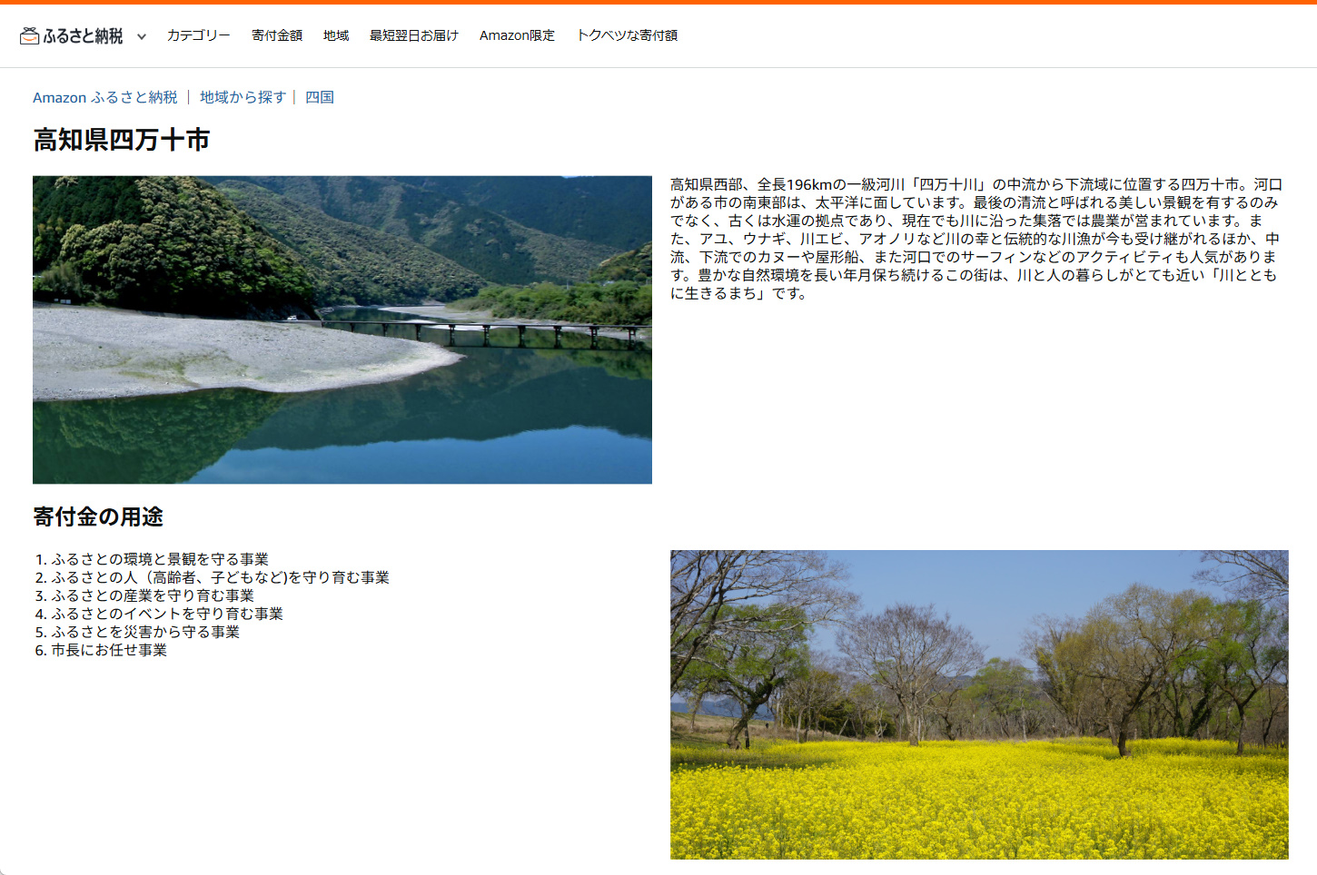 出品している自治体の概要や寄付の使い道を見ることができる