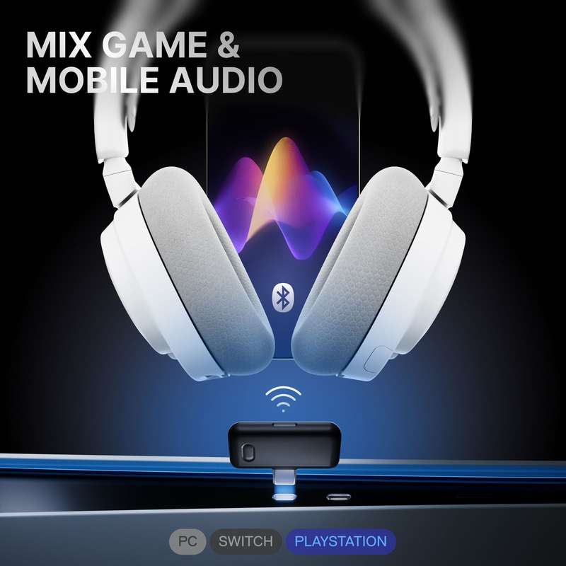 付属のUSB-Cドングル経由の2.4GHz超低遅延ワイヤレスと、Bluetoothを同時接続と同時再生が可能。例えばゲーム音とモバイル通話を一緒に聴くことができる