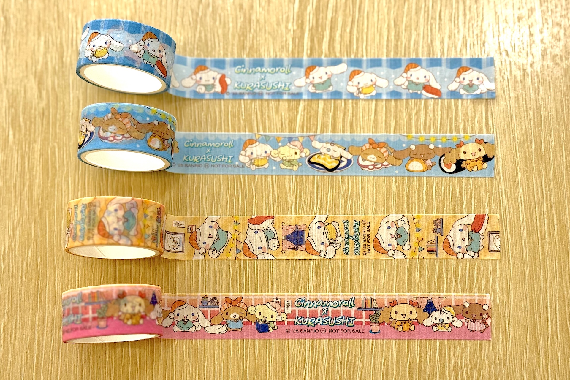 マスキングテープは全4種。お寿司をモチーフにした衣装を着たシナモロールたちがとってもキュート