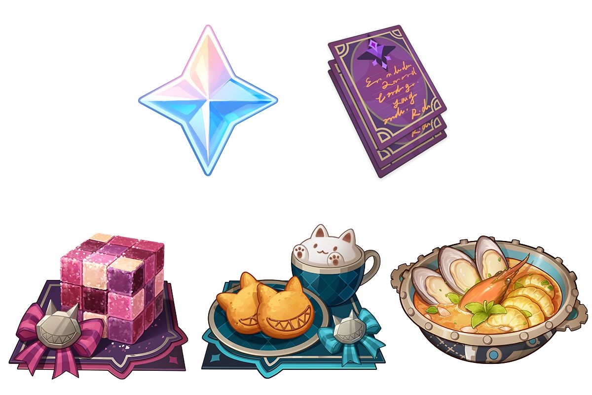 原石×20、大英雄の経験×3、キューブトリック×1、アフタヌーンティー×1、海鳥の一休み×1