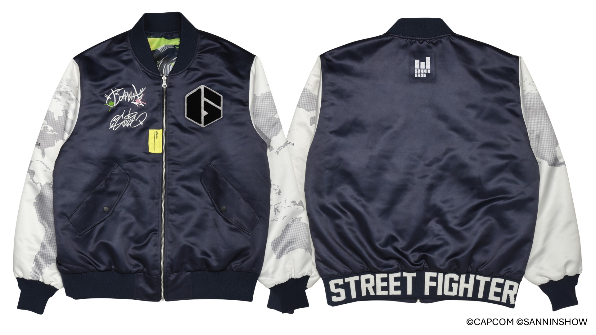 表は右胸部分に「ドンピシャ」と「ガイル」のグラフィティサインを刺繍でシンプルに表現