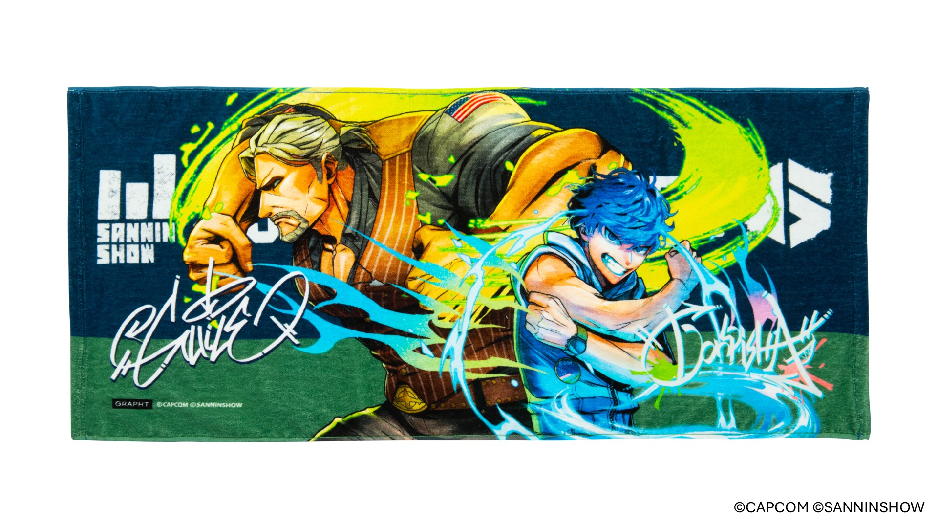 アートを大判タオル全面にプリント。日常使いのほか、ドンピシャさんの試合を観戦する際に応援ツールとして掲げることでシーンを盛り上げるアイテムとなっている