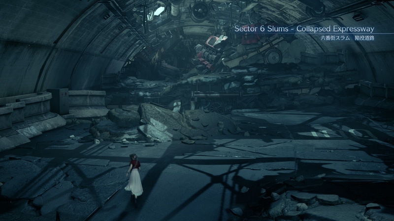 陥没道路。汚れた廃道や瓦礫、モンスターがあふれている道でありながら、それを彩るおしゃれでクールな楽曲のコントラストが、ミッドガルという街の多様性を象徴している