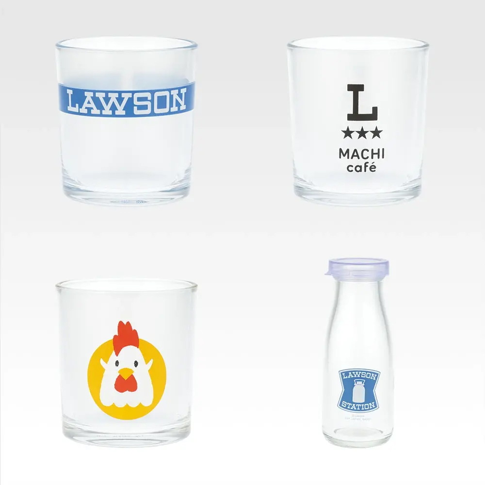 ローソンのロゴやマチカフェのロゴをデザインしたグラスコレクション。通常のグラス型と、発祥が牛乳屋というローソンならではの牛乳瓶型グラスがラインナップ