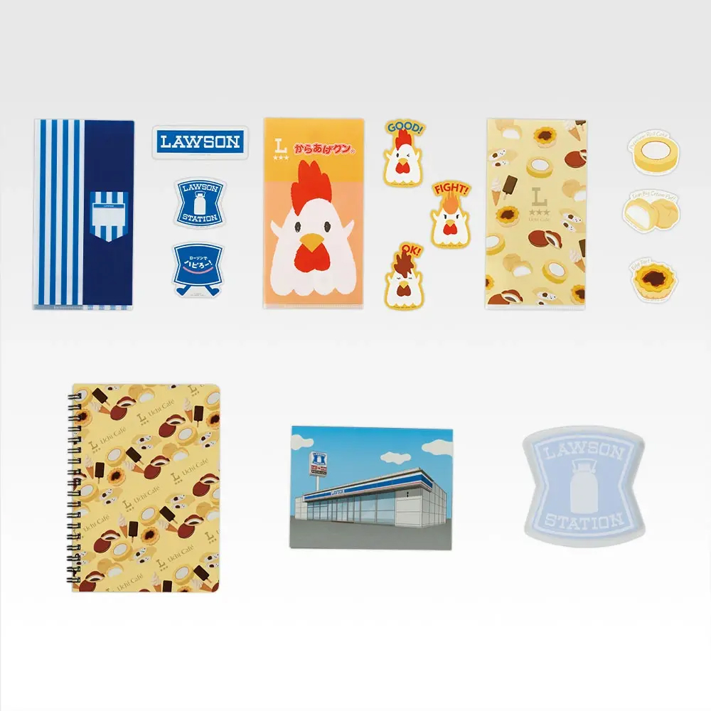 ローソンのロゴや人気商品をデザインしたステーショナリーコレクション。チケットを入れられるステッカー付きチケットホルダー、リングノートやスタンドメモ、付箋などがラインナップ