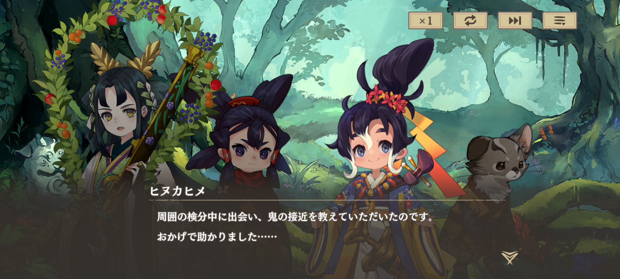 中央左がサクナヒメで右がヒヌカヒメ。ストーリーのセリフはフルボイスで聞くことができる