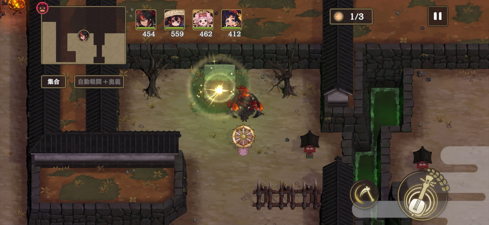 探索中に光っている「祠」を見つけることがある。ここで三味線ボタンをタップすると新たな「稲の精霊」が手に入る