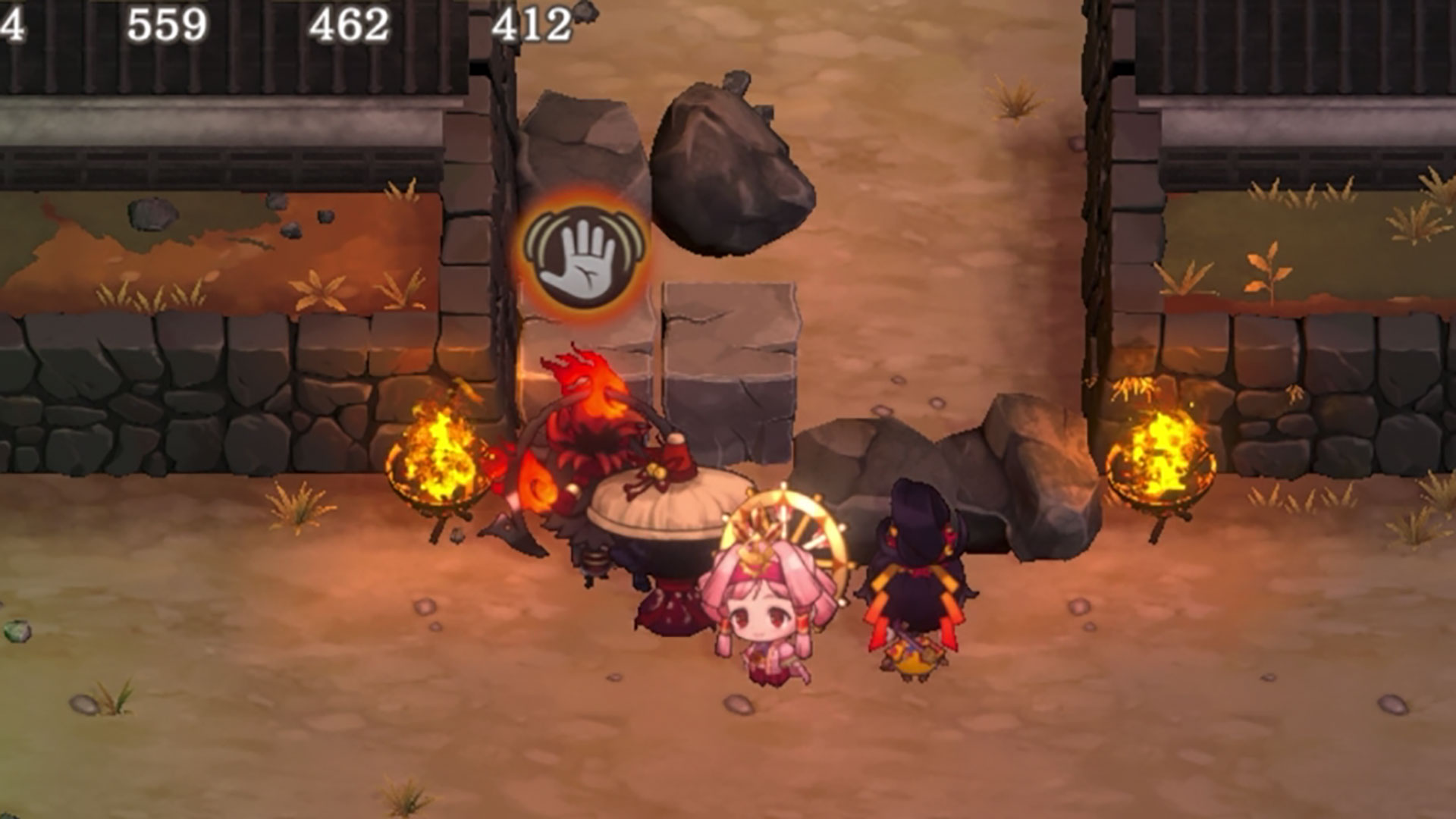 ブロックで塞がれており、中に入れないと思ったら……近づくと手のアイコンが表示され押せることがわかる