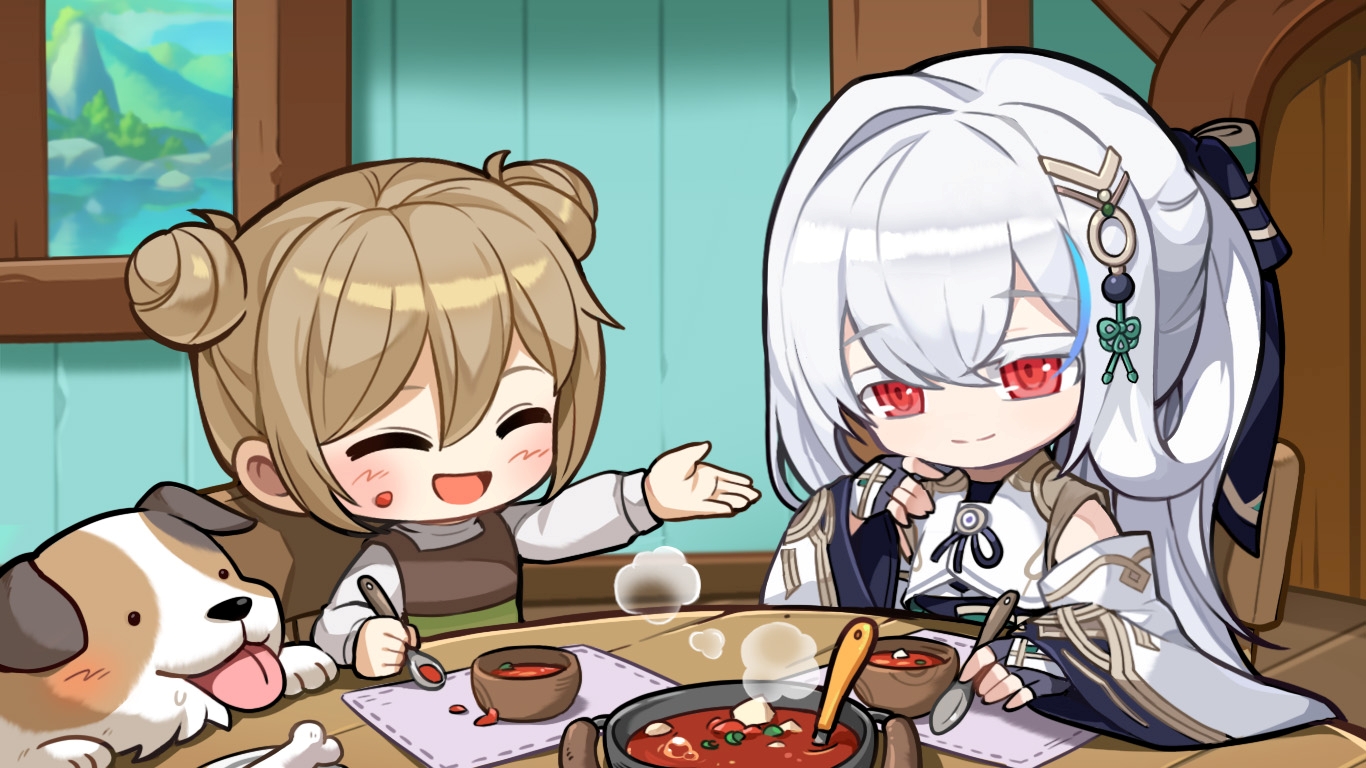 子供とスープを飲むレン