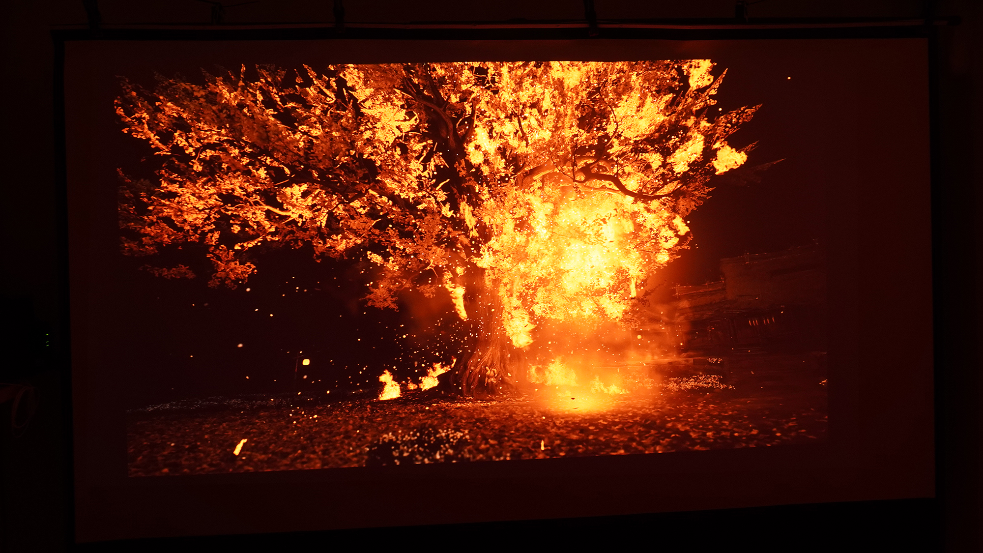輝度が高いため、燃え上がる炎のまぶしさが際立つ