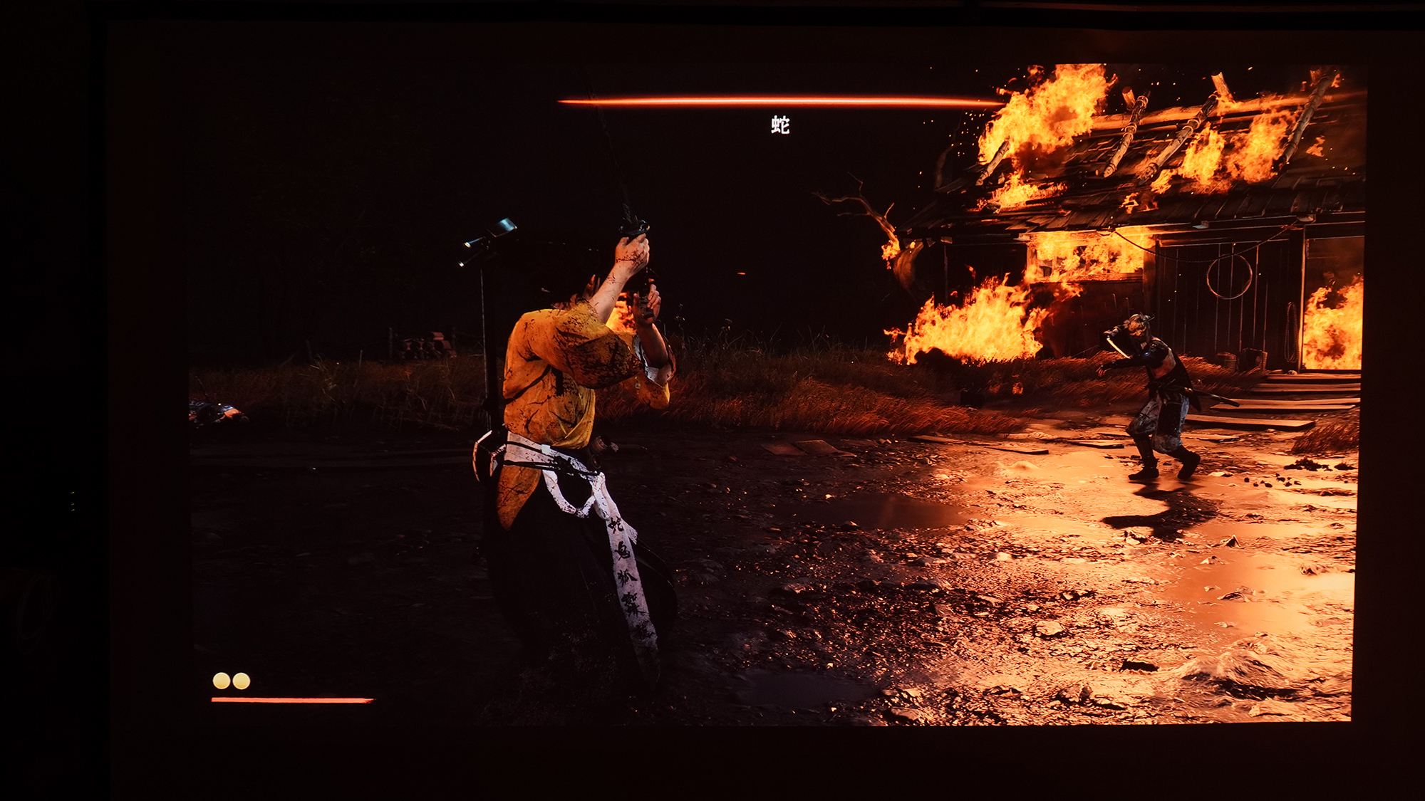 輝度が高いため、燃え上がる炎のまぶしさが際立つ